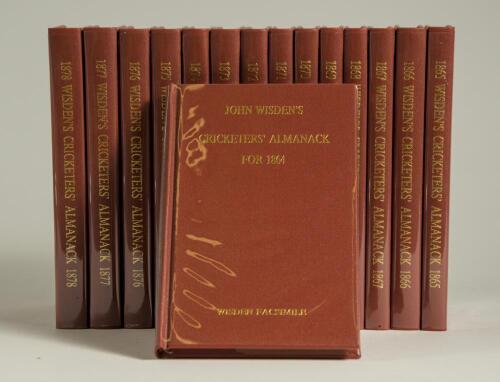 Wisden Cricketers&rsquo; Almanack 1864-1878. Fifteen facsimile editions published by John Wisden & Co Ltd, London 1991. Limited edition 262/1000. Brown hard board covers with gilt lettering to covers and spine. Lacking original yellow presentation box as issued