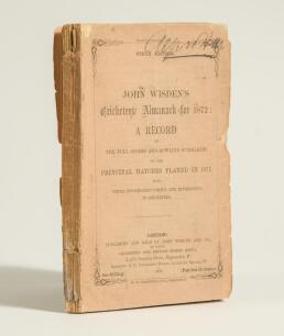 Wisden Cricketers&rsquo; Almanack 1872. 9th edition. Original paper wrappers, rear wrapper detached. The book slightly cocked to the right, wear with some small loss to the wrapper edges, some loss to the spine paper to at the head and base of the spine, ink s