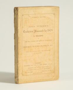 Wisden Cricketers&rsquo; Almanack 1878. 15th edition. Original paper wrappers. Some wear and fading to the wrappers and spine paper, some wrinkling and small corner loss to the rear wrapper, very slight breaking to page block otherwise in good/very good condit