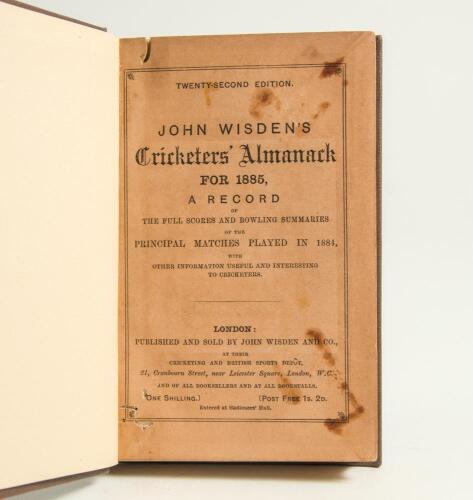 Wisden Cricketers&rsquo; Almanack 1885. 22nd edition. Bound in dark brown boards, with original paper wrappers, titles in gilt to spine. Some marks/staining to both front and rear wrappers, some small worm holes to front and rear wrappers affecting some of the 