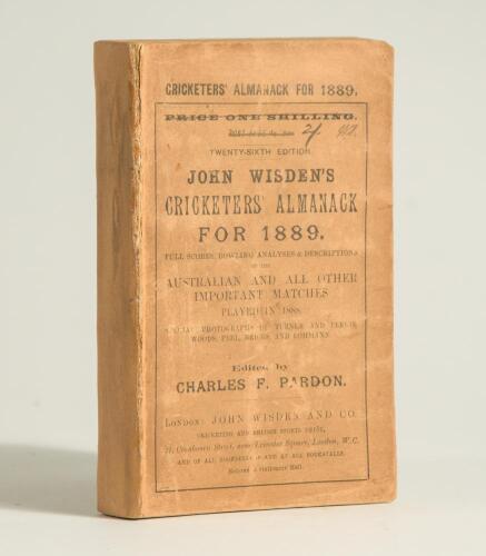 Wisden Cricketers&rsquo; Almanack 1889. 26th edition. Original paper wrappers. The book appears to have been bound in the past, lacking spine paper with hard page block edge. Worn, age toned and stained wrappers with odd crease, handwritten name of ownership to