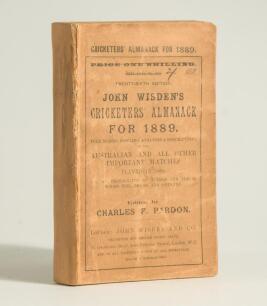 Wisden Cricketers&rsquo; Almanack 1889. 26th edition. Original paper wrappers. The book appears to have been bound in the past, lacking spine paper with hard page block edge. Worn, age toned and stained wrappers with odd crease, handwritten name of ownership to