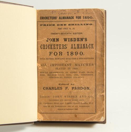 Wisden Cricketers&rsquo; Almanack 1890. 27th edition. Bound in dark brown boards, with original paper wrappers, titles in gilt to spine. Worn, darkened and stained wrappers with minor damage and loss to front wrapper, handwritten name of ownership to top border