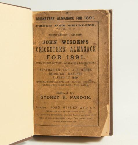 Wisden Cricketers&rsquo; Almanack 1891. 28th edition. Bound in dark brown boards, with original paper wrappers, titles in gilt to spine. Worn, darkened and stained wrappers with some damage and loss to front wrapper otherwise in good condition