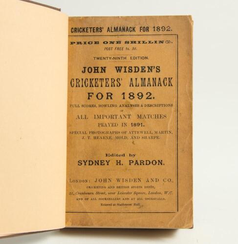 Wisden Cricketers&rsquo; Almanack 1892. 29th edition. Bound in dark brown boards, with original paper wrappers, titles in gilt to spine. Light creasing to the rear wrapper otherwise in good/very good condition