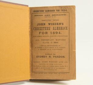 Wisden Cricketers&rsquo; Almanack 1894. 31st edition. Bound in light brown boards, with original paper wrappers, titles in gilt to spine. Odd minor faults to the wrappers, some foxing to the page block otherwise in good/very good condition