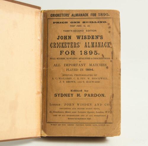 Wisden Cricketers&rsquo; Almanack 1895. 32nd edition. Original paper wrappers, bound in brown boards, similar to original Wisden hardback edition bindings, with gilt titles to front board and spine. Wear to boards and spine paper, bumping to corners, old tape m