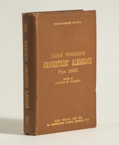 Wisden Cricketers&rsquo; Almanack 1897. 34th edition. Original hardback. Minor small bump to the top edge of the front board otherwise in good/very good condition with bright gilt titles. Ink library stamp for the Liverpool Cricket Club to inside front board. 