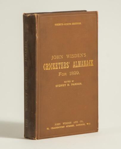 Wisden Cricketers&rsquo; Almanack 1899. 36th edition. Original hardback. Some darkening to the spine paper and slight dulling of the gilt titles on the spine, minor wear to board extremities otherwise in good/very good condition with bright gilt titles to front