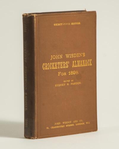Wisden Cricketers&rsquo; Almanack 1898. 35th edition. Original hardback. Some darkening to the spine paper and slight dulling of the gilt titles on the spine, small nick to the yellow title page otherwise in good/very good condition with bright gilt titles to f