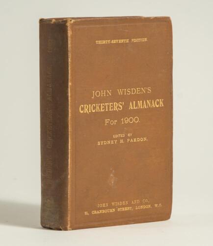 Wisden Cricketers&rsquo; Almanack 1900. 37th edition. Original hardback. Dulling to the gilt titles on the spine, some wear to board extremities and the spine paper, light very minor crease to the front board, odd very minor faults otherwise in good condition w