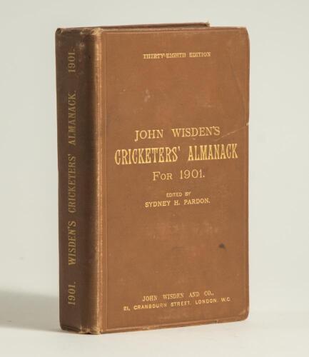 Wisden Cricketers&rsquo; Almanack 1901. 38th edition. Original hardback. Wear to boards and board extremities, light crease to top right hand corner of the front board, odd marks to front board, some breaking to front and rear internal hinges otherwise in good 