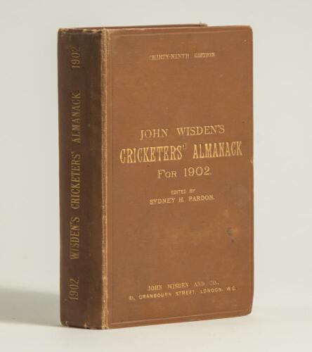 Wisden Cricketers&rsquo; Almanack 1902. 39th edition. Original hardback. Some general wear to boards, board extremities, some wear to head and base of spine paper, some marks to both front and rear boards otherwise in good condition. A rare early hardback editi
