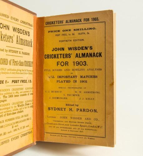 Wisden Cricketers&rsquo; Almanack 1903. 40th edition. Original hardback/softback edition. The book appears to be a softback edition, laid down into original hardback boards and spine with broad tape and binding holding the two sections together. Odd minor fault