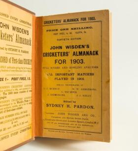 Wisden Cricketers&rsquo; Almanack 1903. 40th edition. Original hardback/softback edition. The book appears to be a softback edition, laid down into original hardback boards and spine with broad tape and binding holding the two sections together. Odd minor fault
