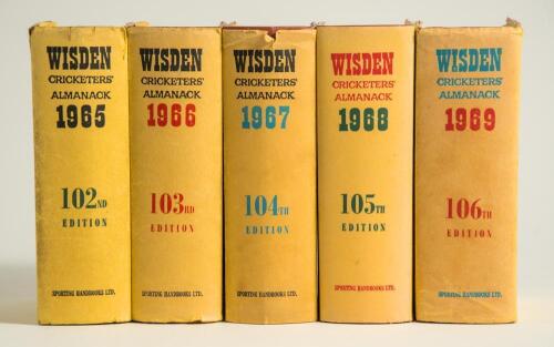 Wisden Cricketers&rsquo; Almanack 1965, 1966, 1967, 1968 and 1969. Original hardback editions with dustwrapper. Some wear and nicks to the top edge of the spine of the dustwrapper otherwise all in good condition. Qty 5