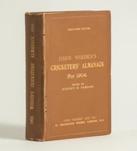 Wisden Cricketers&rsquo; Almanack 1904. 41st edition. Original hardback. Breaking to the front and to a lesser extent the back internal hinges, old tape marks to the breaks, corner loss to the top right hand corner of the front yellow title page, bookplate for 