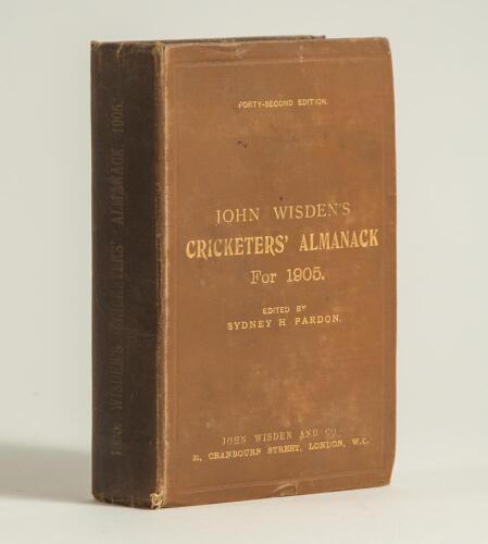 Wisden Cricketers&rsquo; Almanack 1905. 42nd edition. Original hardback. Worn and darkened boards and spine paper, some wear and slight damage to board extremities, fading to the gilt titles on the spine, some breaking to front and rear internal hinges otherwis