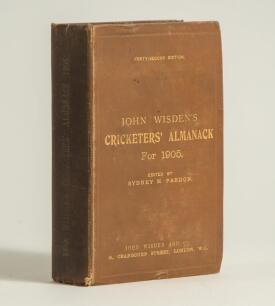 Wisden Cricketers&rsquo; Almanack 1905. 42nd edition. Original hardback. Worn and darkened boards and spine paper, some wear and slight damage to board extremities, fading to the gilt titles on the spine, some breaking to front and rear internal hinges otherwis
