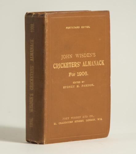 Wisden Cricketers&rsquo; Almanack 1906. 43rd edition. Original hardback. Light wear to boards and spine paper, some fading to the gilt titles on the spine otherwise in good+ condition