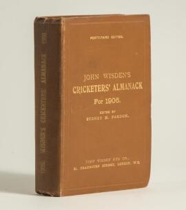 Wisden Cricketers&rsquo; Almanack 1906. 43rd edition. Original hardback. Light wear to boards and spine paper, some fading to the gilt titles on the spine otherwise in good+ condition