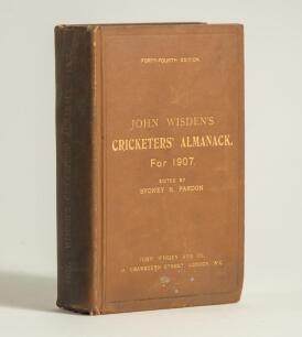 Wisden Cricketers&rsquo; Almanack 1907. 44th edition. Original hardback. Light wear and odd marks to boards, wear and darkening to spine paper, dulling to the gilt titles on the spine otherwise in good+ condition