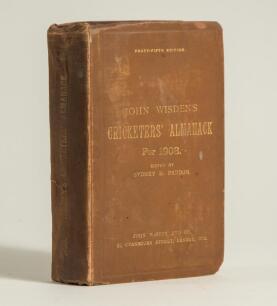 Wisden Cricketers&rsquo; Almanack 1908. 45th edition. Original hardback. Heavy wear to the boards, corners, board extremities and the spine, some creasing to the spine paper, dulling to the gilt titles on the front boards and the spine, some staining t the bord