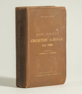 Wisden Cricketers&rsquo; Almanack 1909. 46th edition. Original hardback. Some wear and staining to the boards, corners, board extremities and the spine, some darkening to the spine paper, dulling to the gilt titles on the spine and to a lesser extent the front 