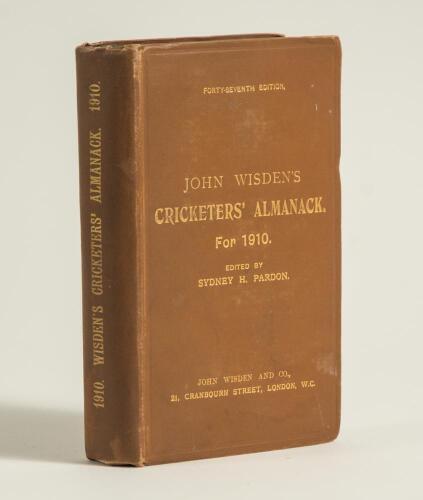 Wisden Cricketers&rsquo; Almanack 1910. 47th edition. Original hardback. Minor wear to the boards and board extremities otherwise in good/very good condition