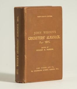 Wisden Cricketers&rsquo; Almanack 1911. 48th edition. Original hardback. Minor wear to the boards and board extremities, wrinkling to the rear board, &lsquo;Boys&rsquo; Library&rsquo; label and pencil annotation to inside front board, ink annotation to yellow title page front an