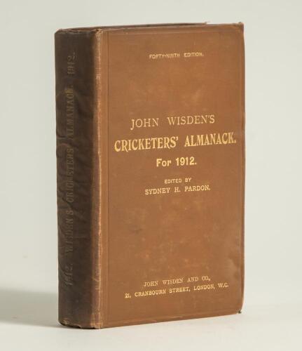Wisden Cricketers&rsquo; Almanack 1912. 49th edition. Original hardback. Minor wear to the boards and board extremities, wrinkling to the spine and to a lesser extent both the front and rear boards, dulling to the gilt titles on the spine, slight breaking to pa