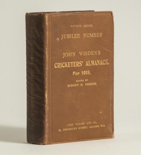 Wisden Cricketers&rsquo; Almanack 1913. 50th (Jubilee) edition. Original hardback. Minor wear to the boards and board extremities, wrinkling to the spine and to a lesser extent both the front and rear boards, dulling to the gilt titles on the spine, slight brea