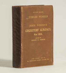 Wisden Cricketers&rsquo; Almanack 1913. 50th (Jubilee) edition. Original hardback. Minor wear to the boards and board extremities, wrinkling to the spine and to a lesser extent both the front and rear boards, dulling to the gilt titles on the spine, slight brea
