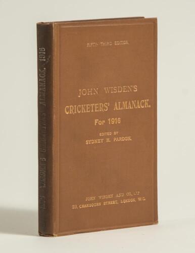 Wisden Cricketers&rsquo; Almanack 1916. 53rd edition. Original hardback. Dulling to gilt titles on the spine paper and slight dulling to a lesser extent to the front board, small stain to edge of rear board otherwise a very good example of this rare wartime har