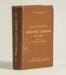 Wisden Cricketers&rsquo; Almanack 1915. 52nd edition. Original hardback. Minor wear to the boards and board extremities, some wrinkling to the spine paper, some breaking to the front internal hinges otherwise in good+ condition