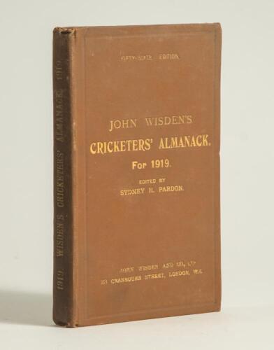 Wisden Cricketers&rsquo; Almanack 1919. 56th edition. Original hardback. Some dulling to the gilt titles on the spine paper and to a lesser extent the front board otherwise in very good condition. A rare wartime hardback edition