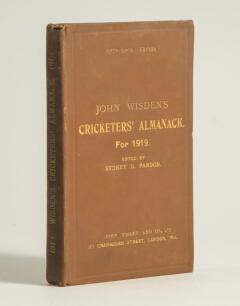 Wisden Cricketers&rsquo; Almanack 1919. 56th edition. Original hardback. Some dulling to the gilt titles on the spine paper and to a lesser extent the front board otherwise in very good condition. A rare wartime hardback edition