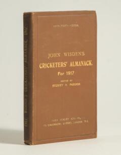 Wisden Cricketers&rsquo; Almanack 1917. 54th edition. Original hardback. Slight breaking to front internal hinges, some dulling to the gilt titles on the spine and to a lesser extent the front board, slight darkening to the spine, small nick to the bottom corne