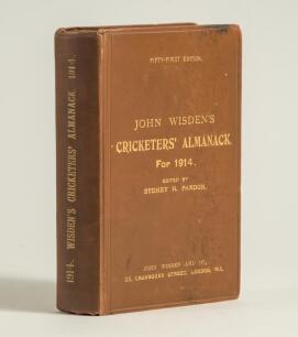 Wisden Cricketers&rsquo; Almanack 1914. 51st edition. Original hardback. Minor wear to the boards and board extremities, minor marks to front board, minor ink stain to the top edge of the front board otherwise in good+ condition. Very good internally