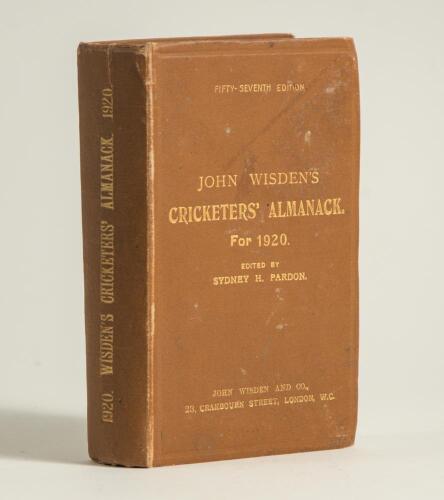 Wisden Cricketers&rsquo; Almanack 1920. 57th edition. Original hardback. Marks, wear and some staining to the boards and board extremities, ink annotation to pages 165, 170, 172 and 173 otherwise in good condition