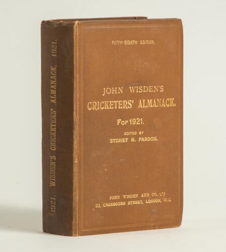 Wisden Cricketers&rsquo; Almanack 1921. 58th edition. Original hardback. Some minor wear to boards and board extremities, minor breaking to front internal hinges otherwise in good/very good condition