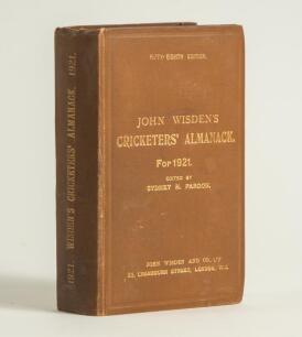 Wisden Cricketers&rsquo; Almanack 1921. 58th edition. Original hardback. Some minor wear to boards and board extremities, minor breaking to front internal hinges otherwise in good/very good condition