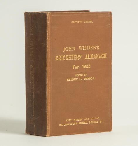 Wisden Cricketers&rsquo; Almanack 1923. 60th edition. Original hardback. Some wear and dulling to the gilt titles on the spine paper, some wear to board extremities, initials handwritten to the top border of the yellow title page otherwise in good condition