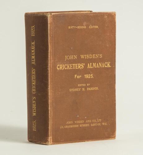 Wisden Cricketers&rsquo; Almanack 1925. 62nd edition. Original hardback. Wear to the boards, board extremities and spine paper, minor stain to rear board, internally good