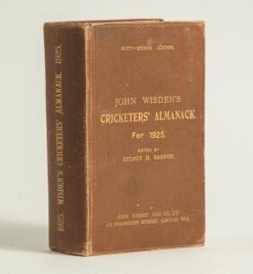 Wisden Cricketers&rsquo; Almanack 1925. 62nd edition. Original hardback. Wear to the boards, board extremities and spine paper, minor stain to rear board, internally good
