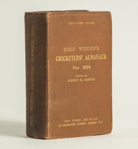 Wisden Cricketers&rsquo; Almanack 1924. 61st edition. Original hardback. Some wear and darkening to the spine paper, some dulling to the gilt titles on the spine paper otherwise in good+ condition