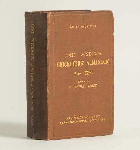 Wisden Cricketers&rsquo; Almanack 1926. 63rd edition. Original hardback. Some darkening and dulling to the gilt titles on the spine paper, bumping to the odd corner, internally in very good condition. Previously sold as lot 57 at Christie&rsquo;s sale of April 1992