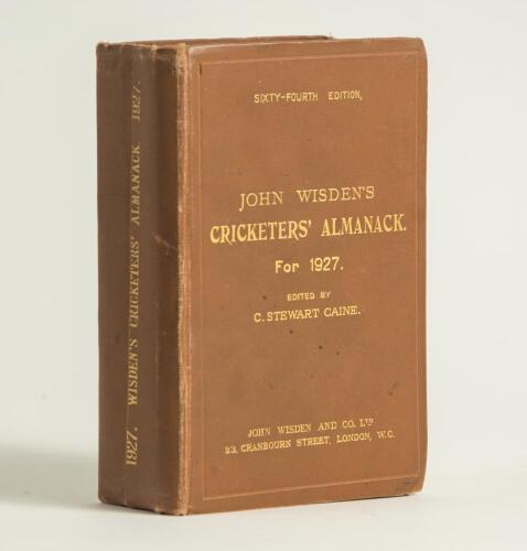 Wisden Cricketers&rsquo; Almanack 1927. 64th edition. Original hardback. Some wear and vertical creasing to the spine paper, bumping to the odd corner, &lsquo;library copy&rsquo; handwritten to page block edge otherwise in good/very good condition. Presentation ink inscrip