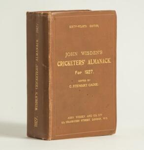 Wisden Cricketers&rsquo; Almanack 1927. 64th edition. Original hardback. Some wear and vertical creasing to the spine paper, bumping to the odd corner, &lsquo;library copy&rsquo; handwritten to page block edge otherwise in good/very good condition. Presentation ink inscrip