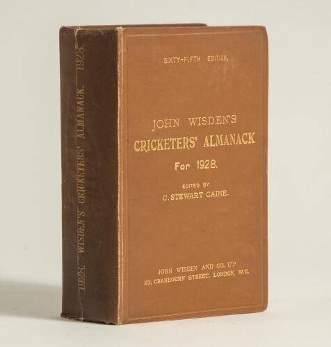 Wisden Cricketers&rsquo; Almanack 1928. 65th edition. Original hardback. Some wear, darkening and vertical crease to spine paper, some dulling to gilt titles on the spine, soiling to page block otherwise in good+ condition
